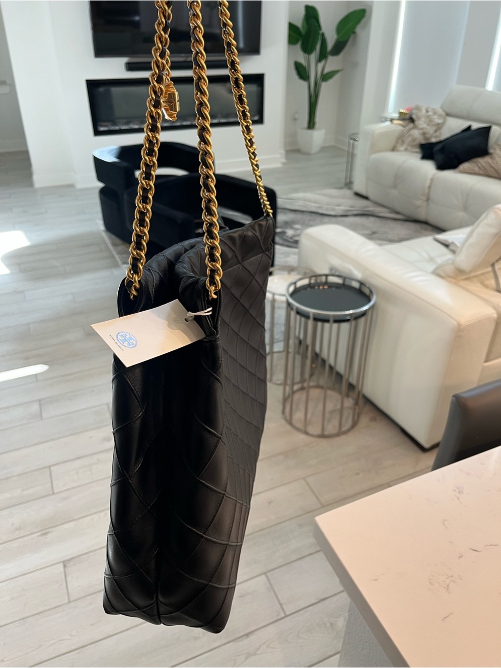 Tory Burch Quilted Leather Hobo Bag with Gold Chain Straps - Black
